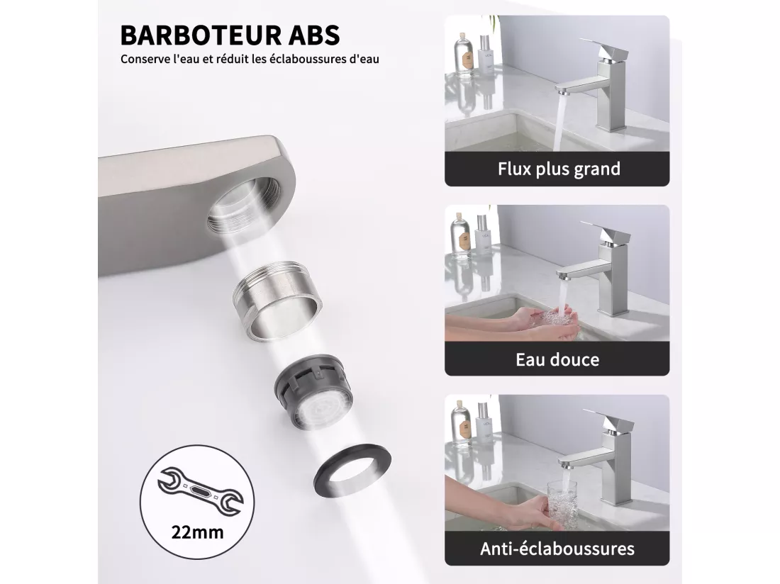 Robinet Salle Bain Carrée Mitigeur de lavabo Eau Froide Chaude Disponible Robinet Lavabo en Acier Inoxydable Mousseur Démontable