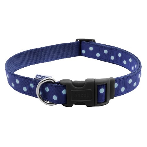 Coleira vintage para cachorro com estampa de bolinhas azul marinho
