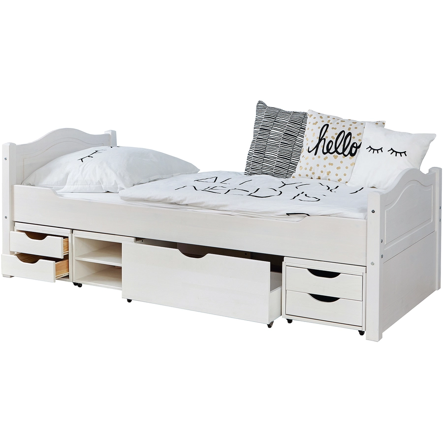 TiCAA Einzelbett Leni 90 x 200 cm Kiefer weiß mit 4 Funktionsschubladen