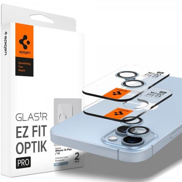 Spigen iPhone 14/iPhone 14 Plus Kameralinsebeskytter GLAS.tR EZ Fit Optik Pro BlÃ¥ 2-pak