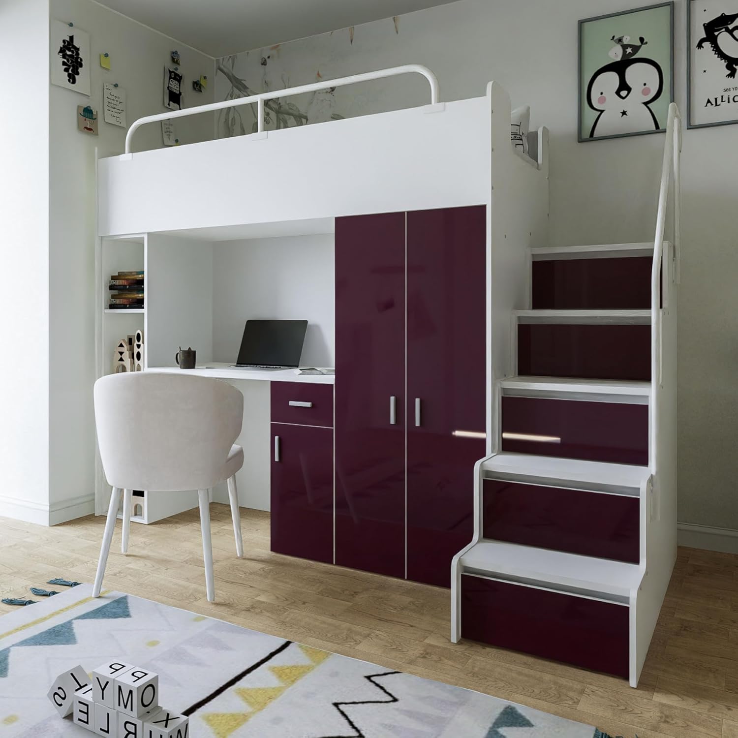 Hochbett JSM-4 90x200 mit Kleiderschrank Schreibtisch und Treppe Hochglanz Kinderbetten Funktionsbett Etagenbett Stockbett Kinderhochbett Jugendhochbett (Weiß Glanz)