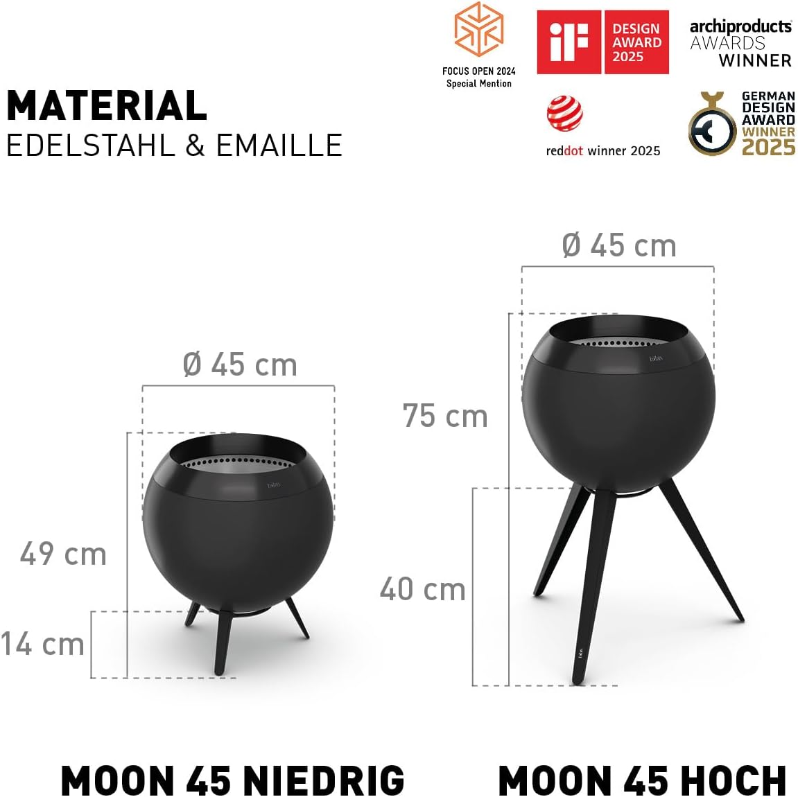 höfats - Moon 45 All Black Feuerschale mit niedrigem Fuß - emaillierter, raucharmer, schwarzer Feuerkorb mit Holzvergaser-Technologie, zweistufigen Verbrennungsprozess - Feuerstelle mit ⌀ 45 cm