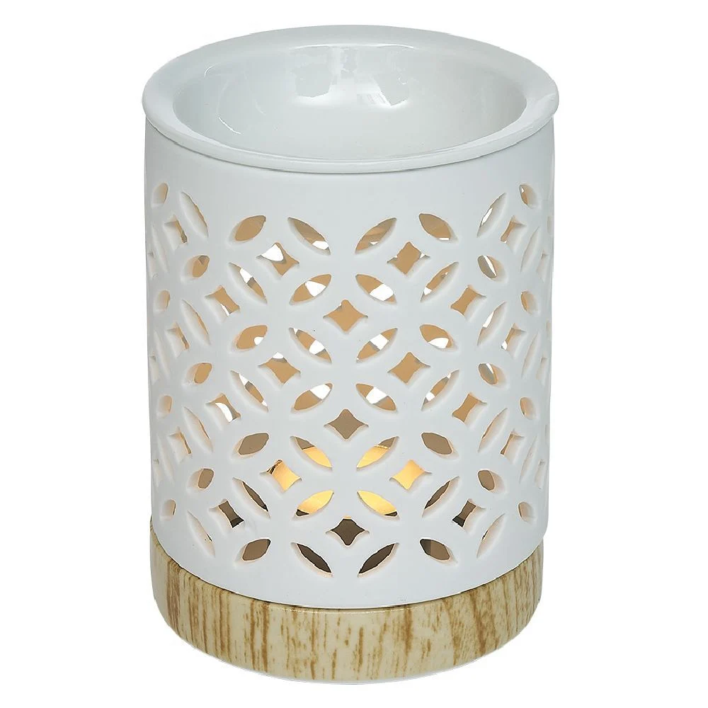 Brûle parfum Mességué céramique socle bois blanc et marron