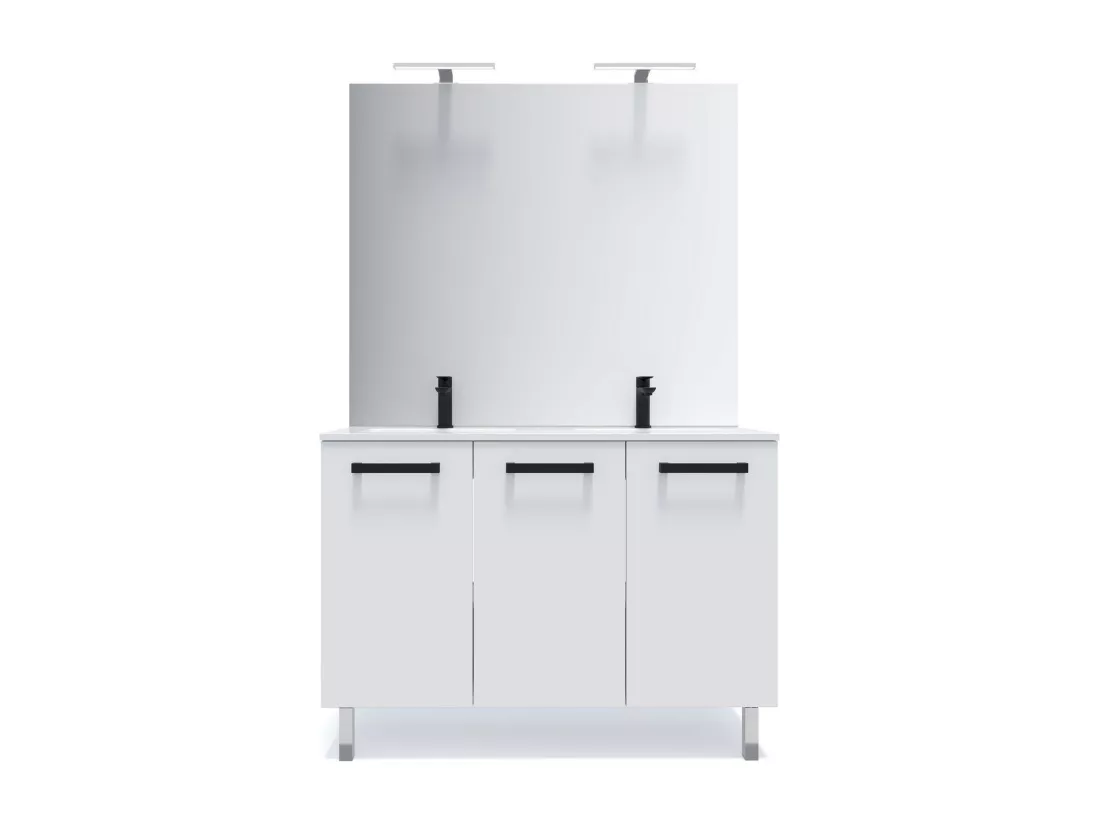 Meuble de salle de bain suspendu avec pieds double vasque intégrée 120cm 3 portes Blanc - Chelsea