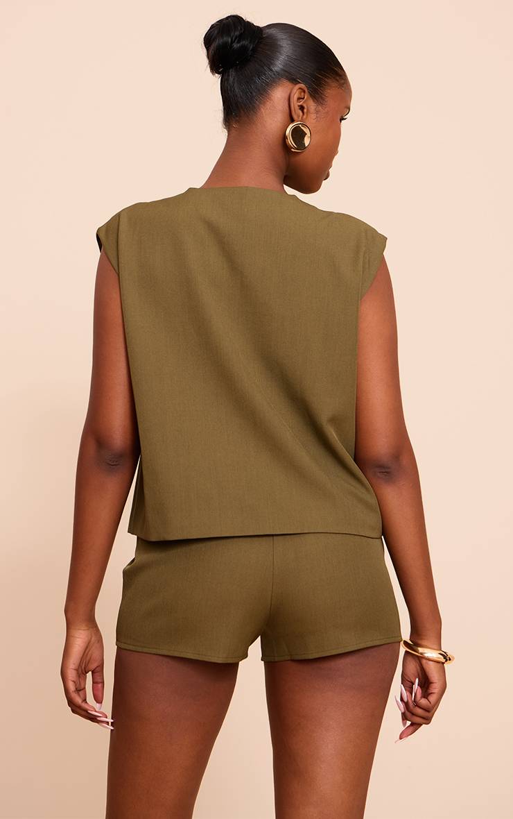 Kaki Ensemble Coordonné Gilet Oversize À Passepoil Doré