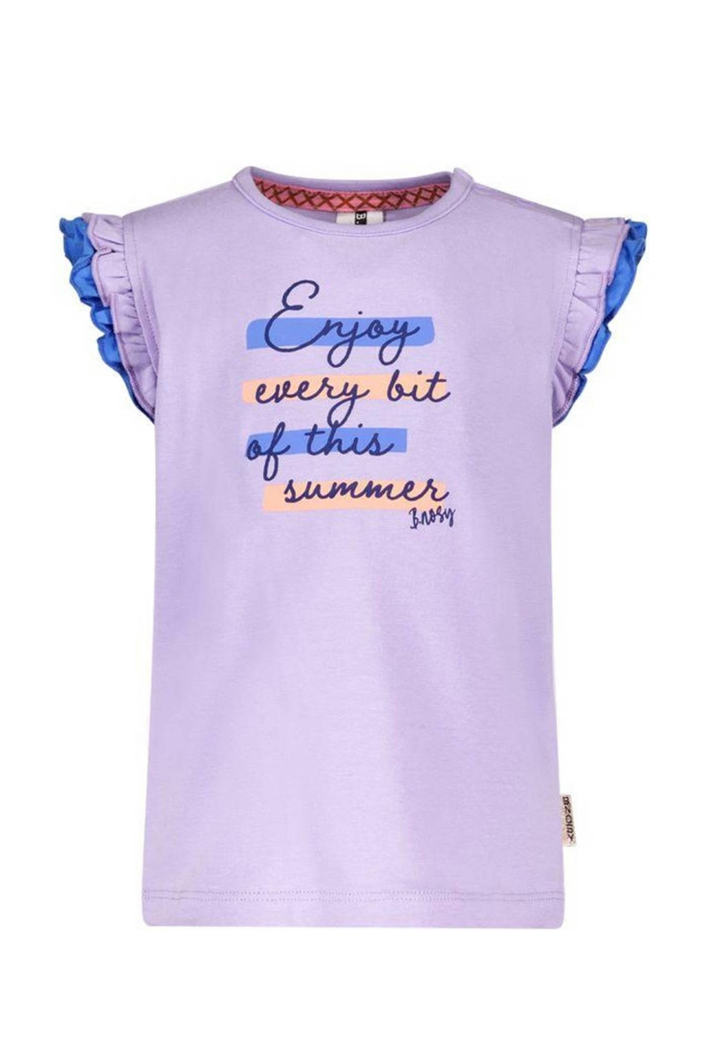 B.Nosy T-shirt Pearl met tekst en ruches lila/blauw