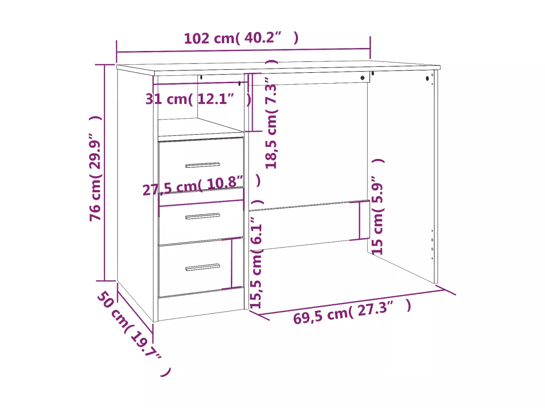 Bureau avec tiroirs Blanc 102x50x76 cm Bois d'ingénierie