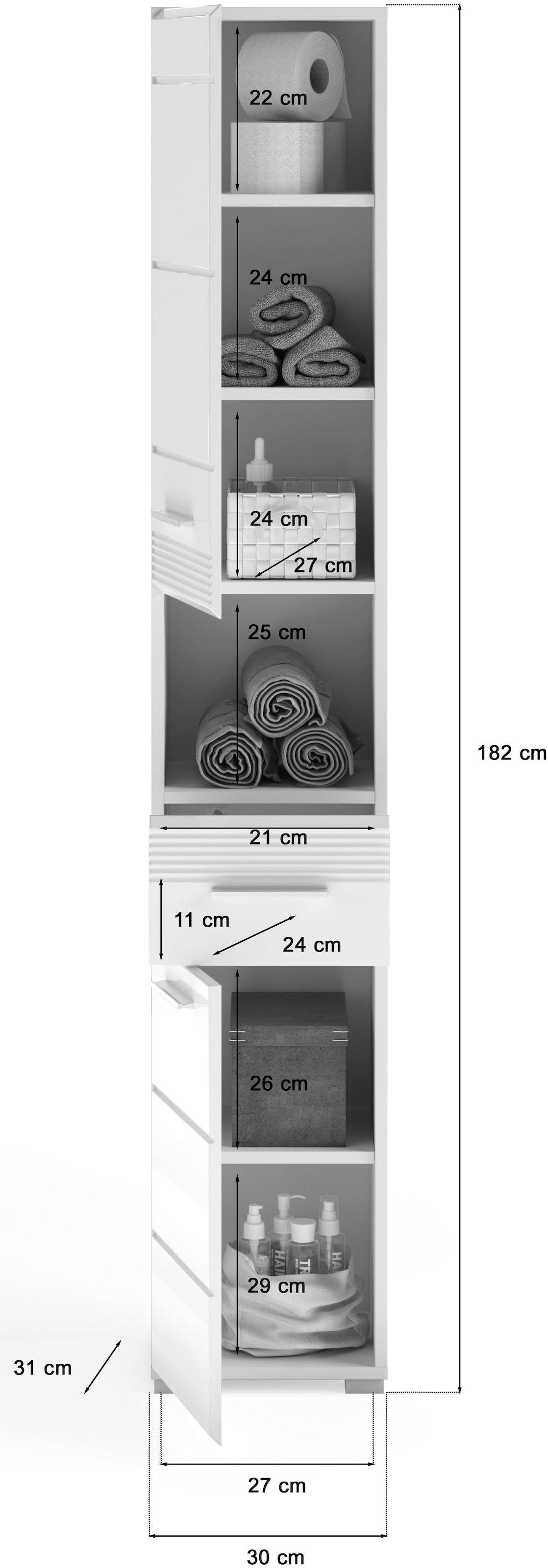 INOSIGN Hochschrank »Malmö, Breite 30 cm, 2 Türen, 1 Schubkasten, 1 offenes Fach, MDF-Front« in verschiedenen Farben erhältlich, Badmöbel, Badschrank, Schrank, Bad