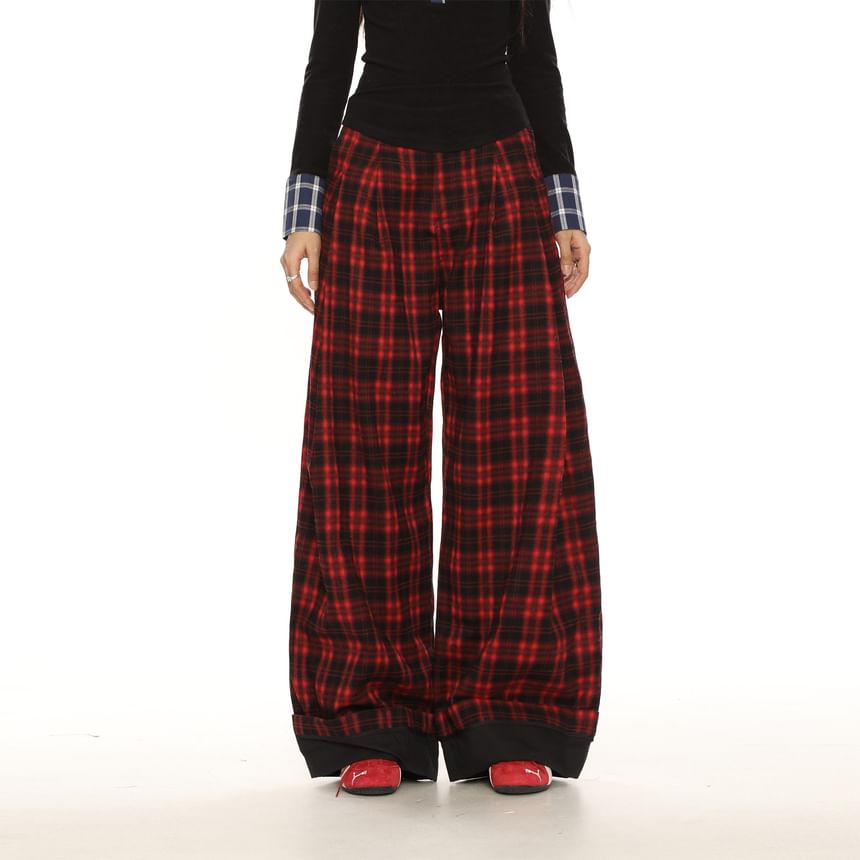 Berrytrix - Geruite broek met hoge taille en wijde pijpen