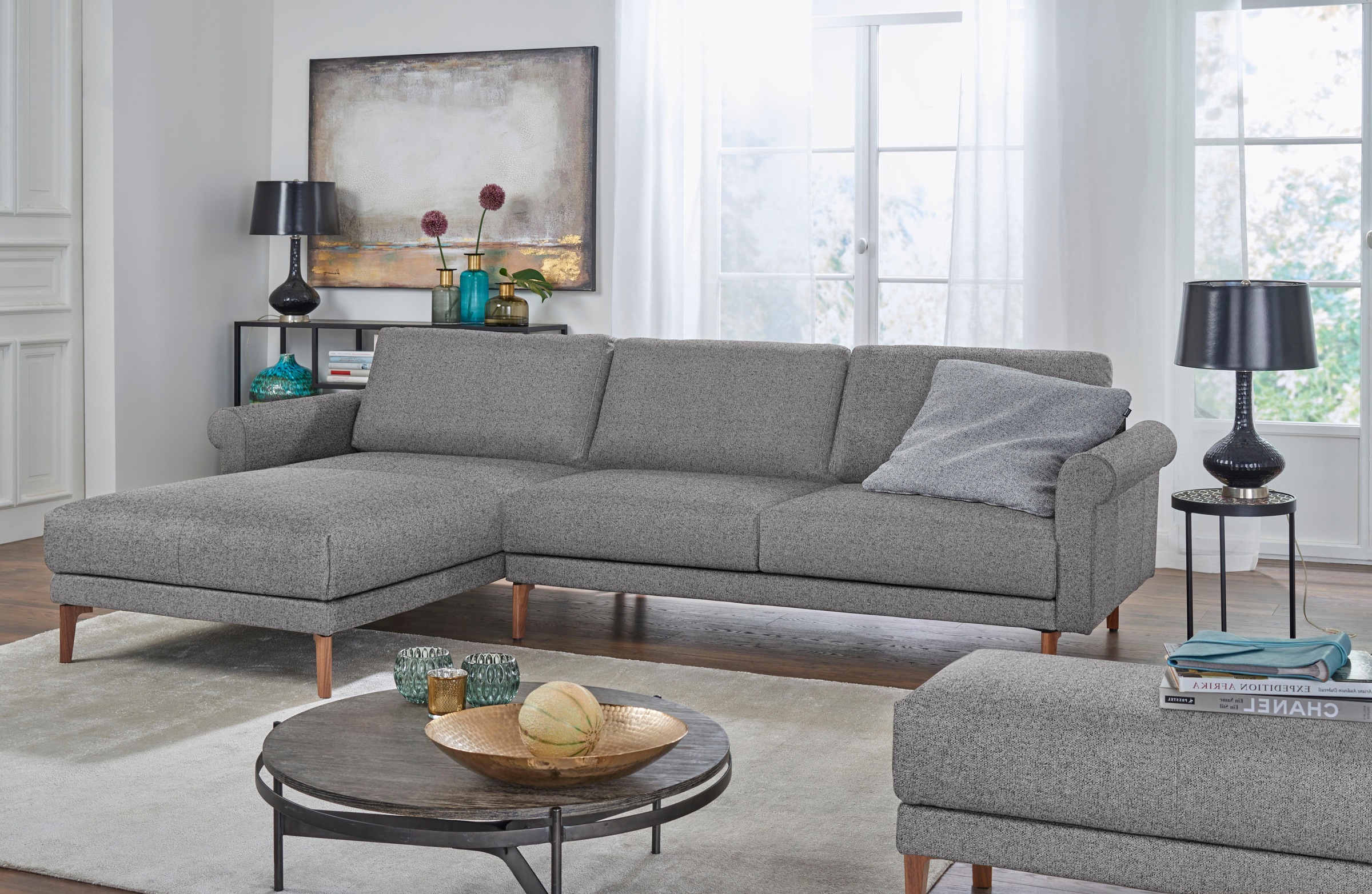 Creation BY ROLF BENZ Ecksofa »CR.450, Designecksofa, L-Form« Armlehne Schnecke modern Landhaus, Breite 262 cm, Fuss Nussbaum