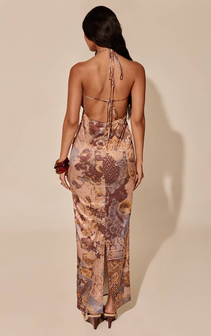Marron Robe Longue Drapée À Décolleté Plongeant Et Imprimé Cachemire