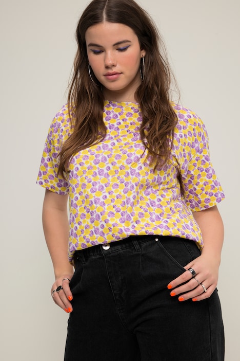 T-Shirt, oversized, Flower Print, Rundhals, Halbarm