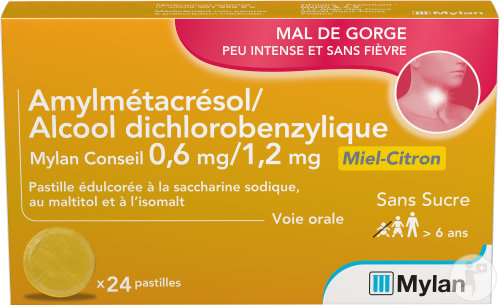 Mylan Amylmétacrésol/Alcool Dichlorobenzylique Mal De Gorge Miel-Citron 24 Pastilles
