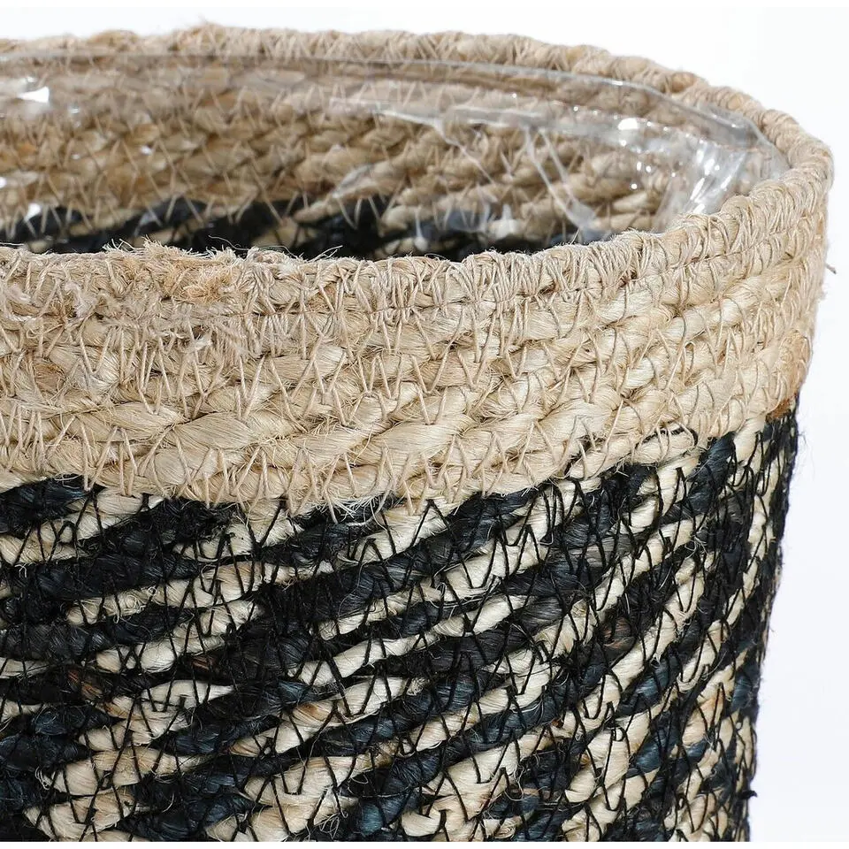 Mica Decorations Plantenmand - naturel met zwart - rotan - 16 cm