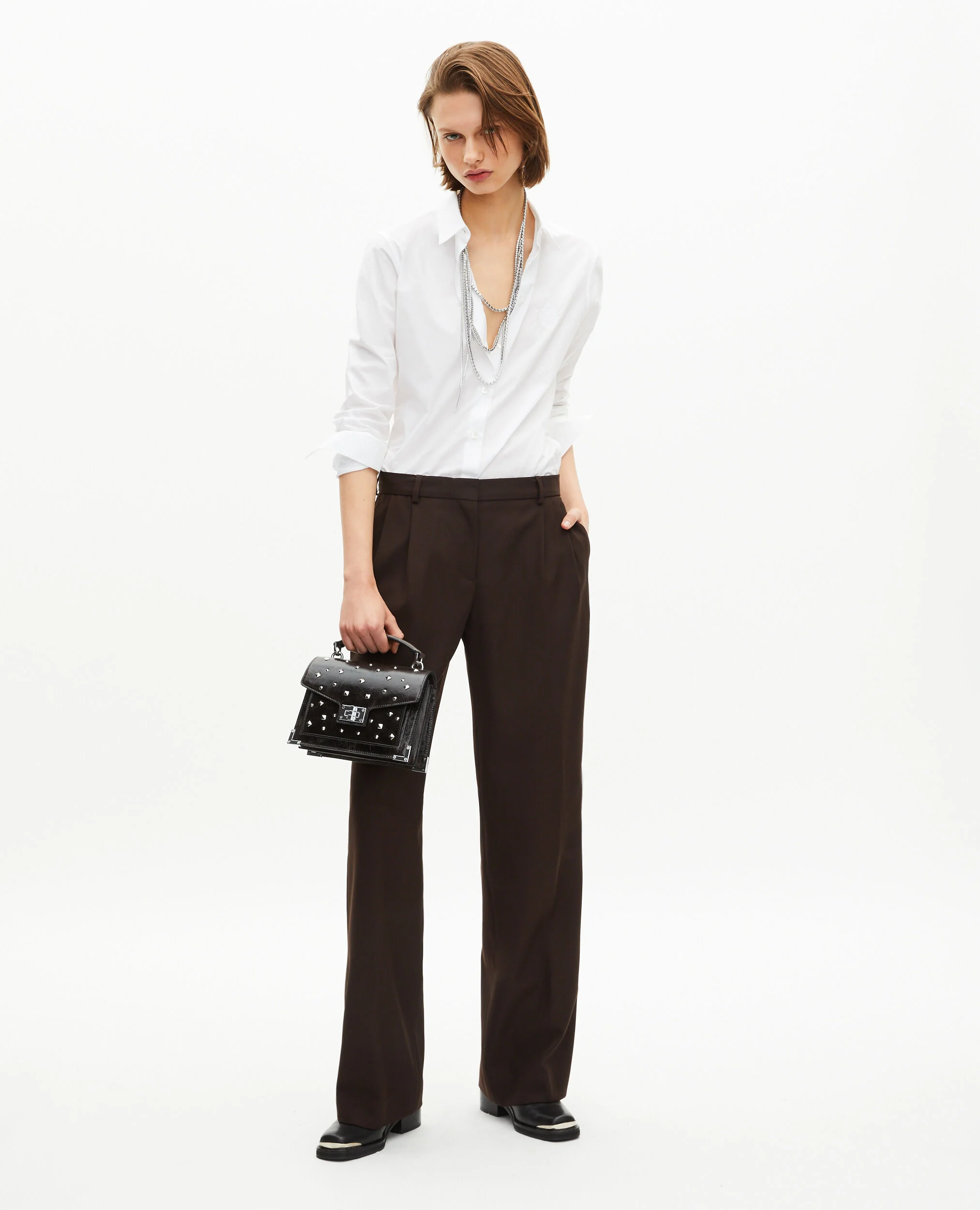 Pantalon tailleur large en laine mélangée marron