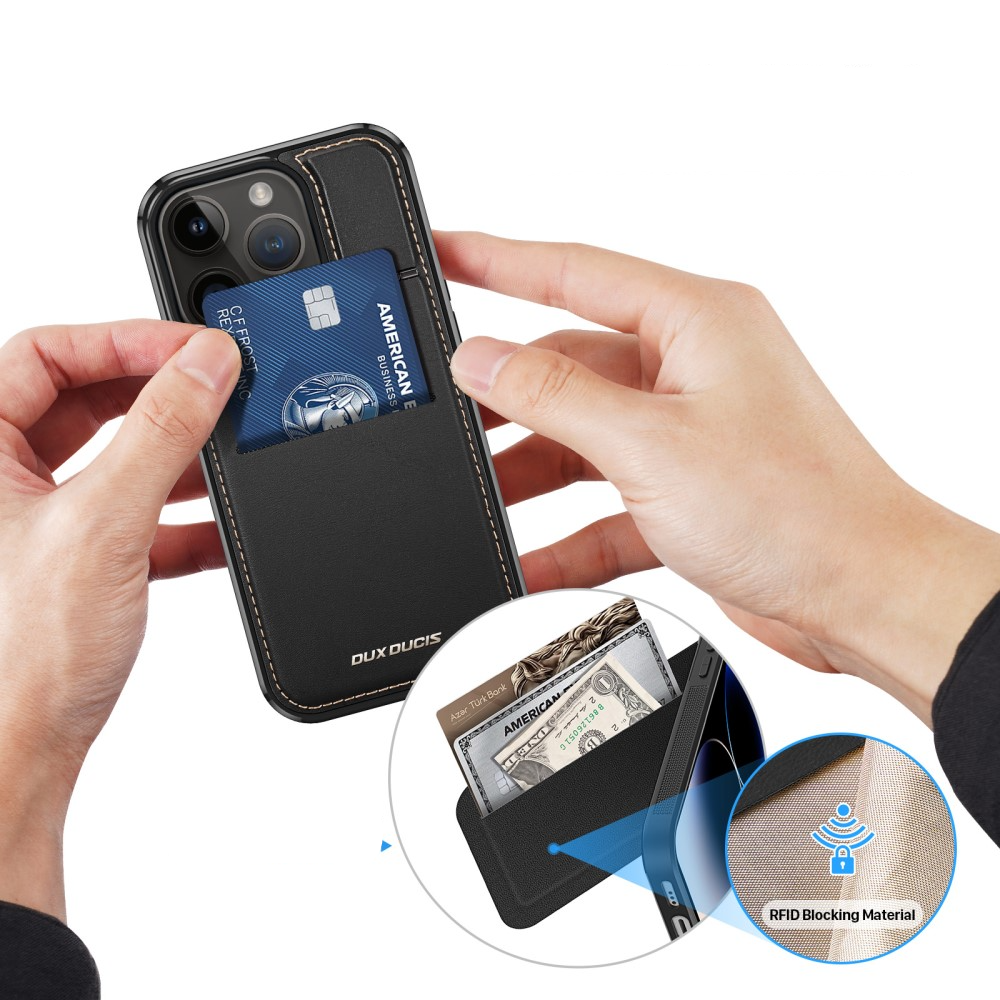 iPhone 15 Pro Max MagSafe Hybrid Leder Hülle mit Kartenfach   Kickstand Aufsteller (RFID Schutz) - Schwarz