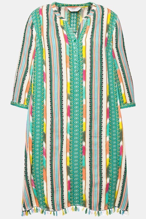 Kleid, kurze A-Line, Musterstreifen, Knopfleiste, 3/4-Ärmel