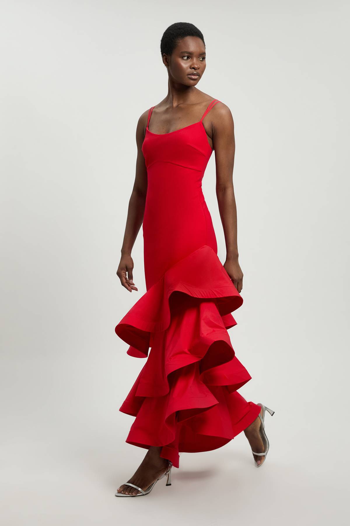 KarenMillen Robe Maxi en jersey Ponte de coton à ourlet à volants