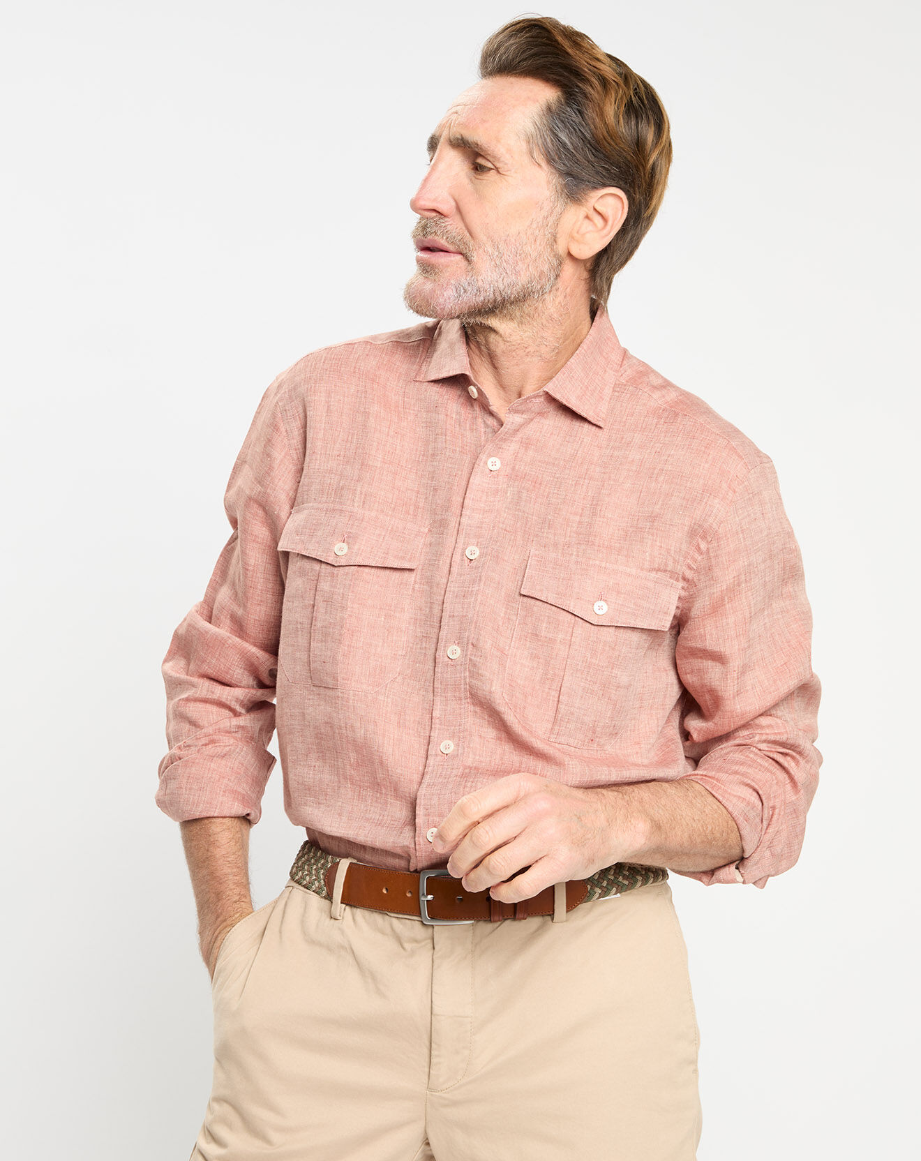 Hackett London Chemise 100% Lin Slim Fit double poche orange moyen