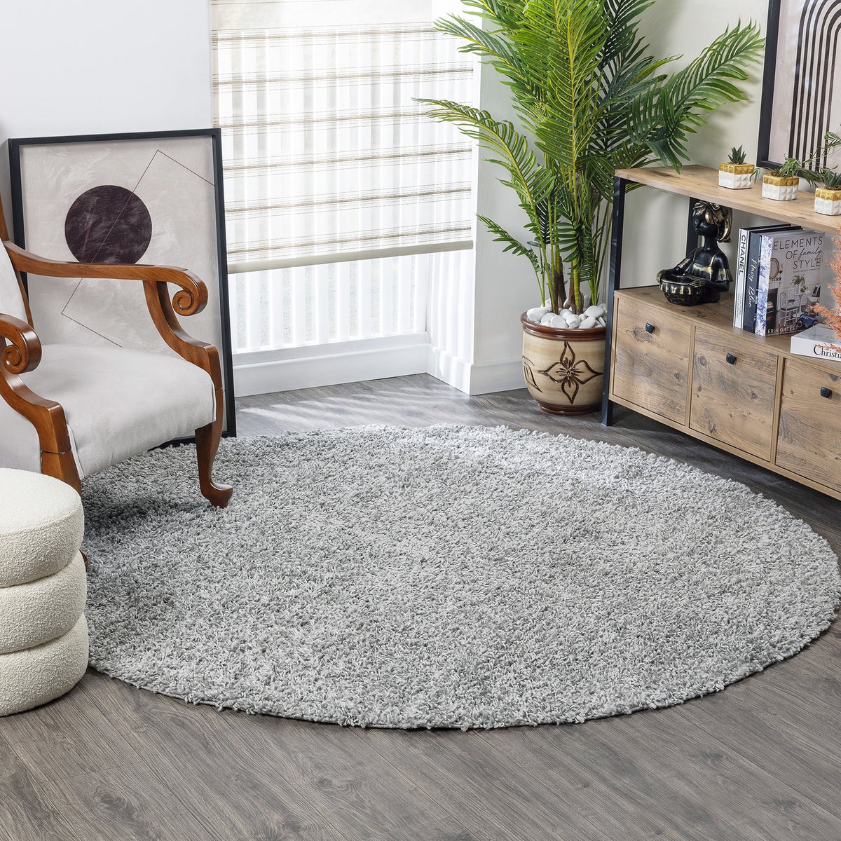 Modern hoogpolig rond shaggy vloerkleed, grijs, Ø 200 cm, LILLY