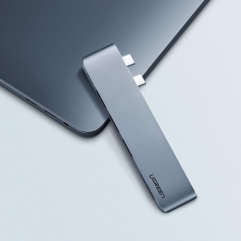 6 in 1 Dual USB C Multiport Adapter HUB mit 1x Thunderbolt 3 (100W/6k@60hz/40 Gbit/s) / 3x USB 3.2 / SD & Micro SD - Grau