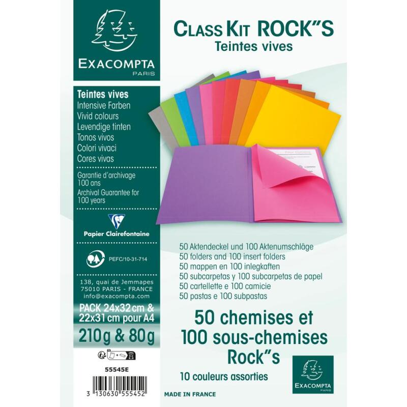 Pack 50 chemises + 100 sous chemises ROCK''S pour A4 - Couleurs assorties
