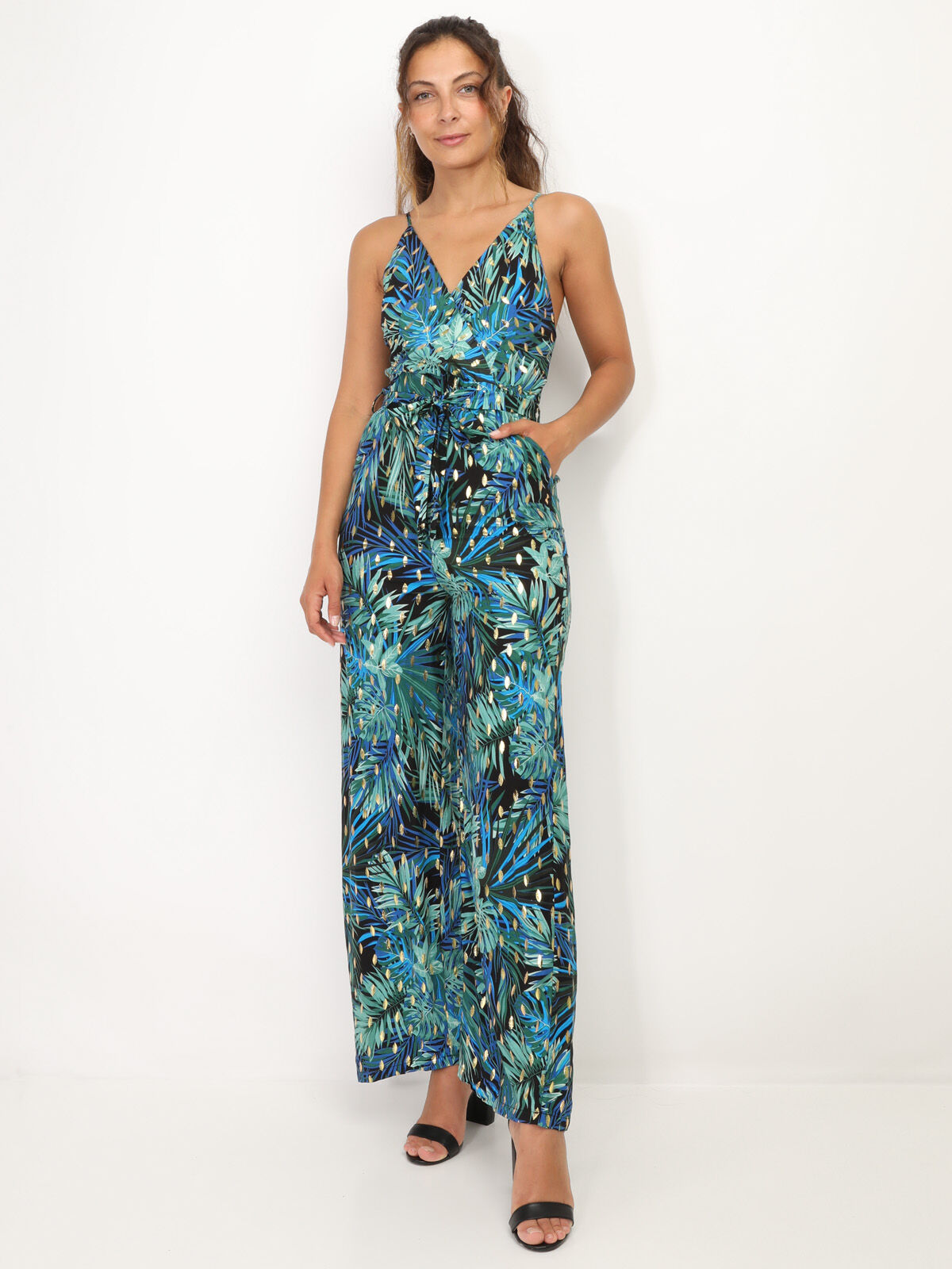 Combinaison à motif tropical et détails dorés- Bleu
