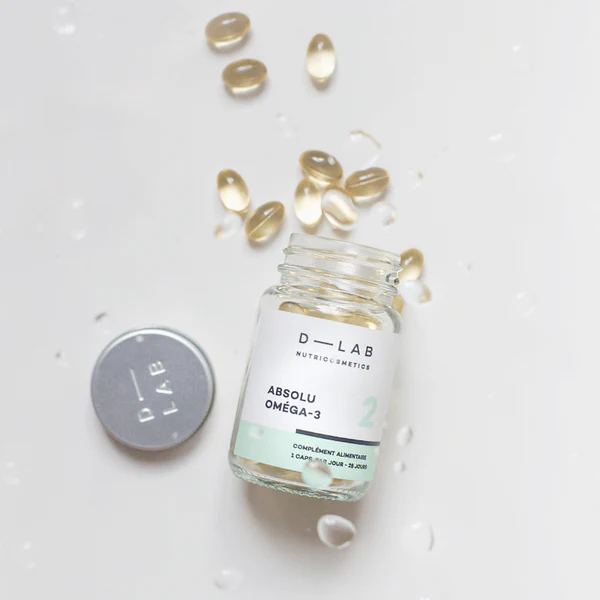 D-lab Absolu Oméga 3 | Souplesse & Élasticité flacon en verre de 28 gélules végétales. cure de 28 jours