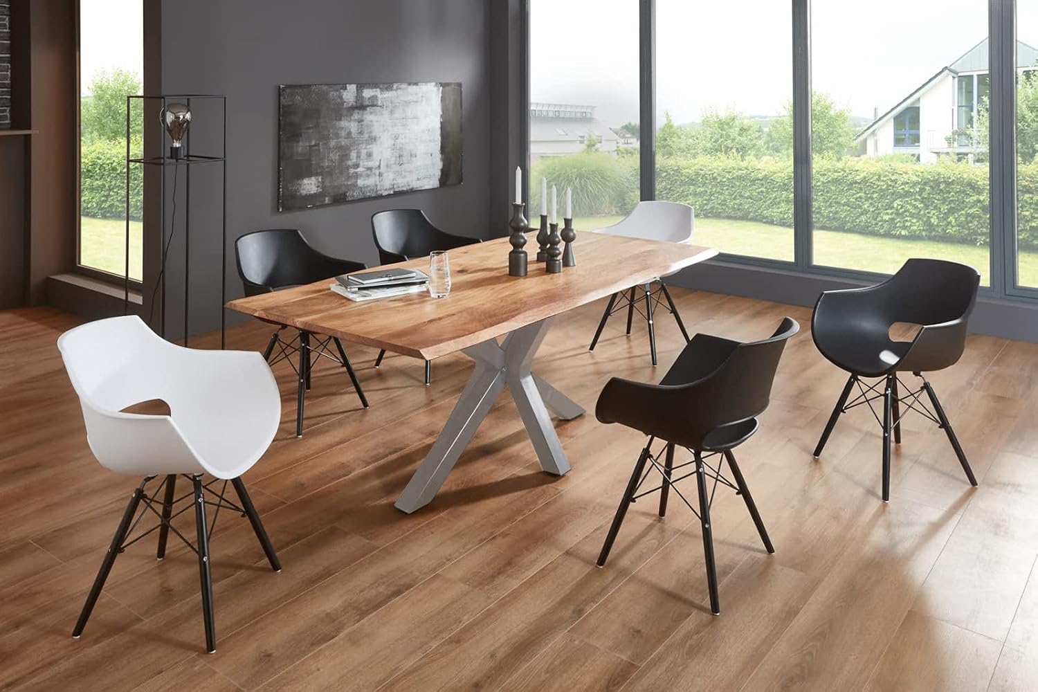 SAM Baumkantentisch 160 x 85 cm Spyro, Akazienholz naturfarben & massiv, Esszimmertisch mit silbernem Spider-Metallgestell, Platte 26 mm