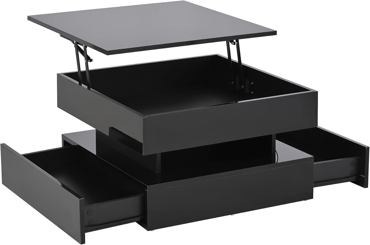 Merax Couchtisch mit Höhenverstellbarer Platte, Hochglanz Wohnzimmertisch mit LED, Sofatisch Kaffeetisch mit 2 Schubladen, Versteckte Stauraum, Quadratische Beistelltische für Wohnzimmer Büro, Schwarz