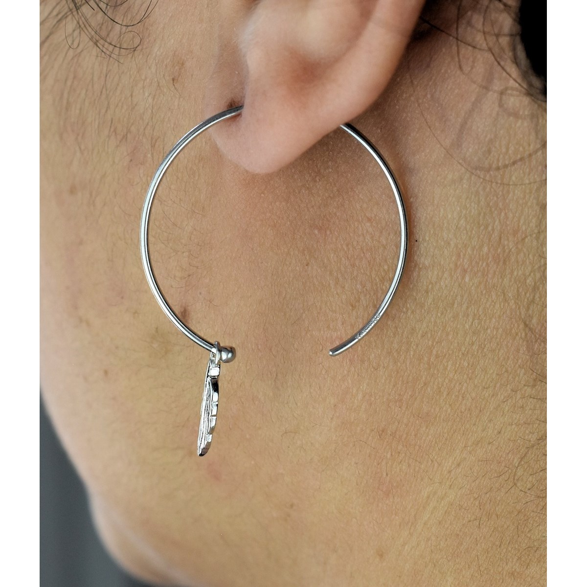 Boucles d'oreilles créoles plume pendante Argent 925 Rhodié