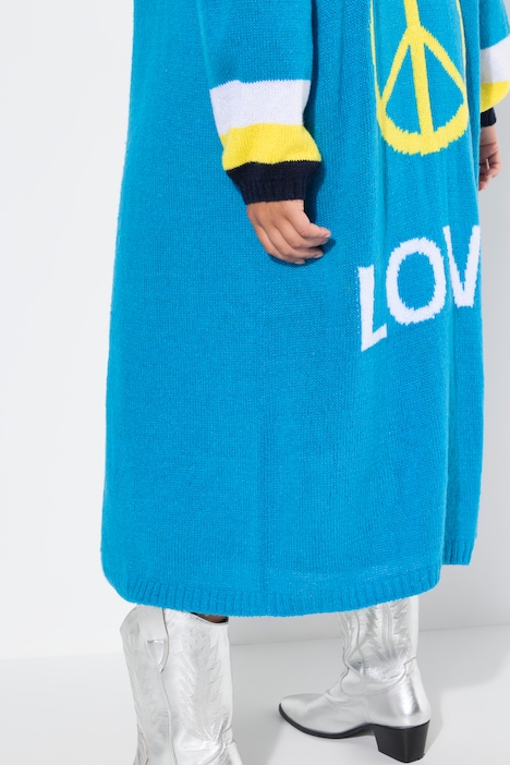 Long-Strickjacke, Rücken Peace-Motiv, offene Form