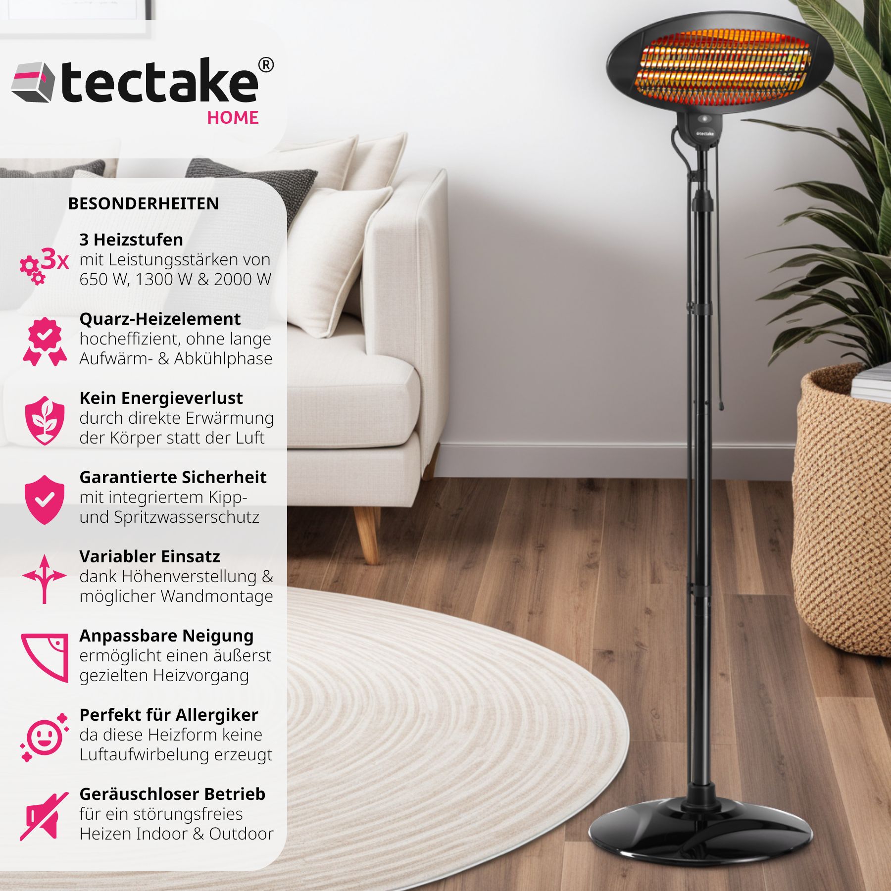 tectake® Infrarotheizstrahler, 3 Leistungsstufen, 650, 1300 und 2000 W, höhenverstellbar und neigbar, Wandmontage möglich, 50 x 50 x 136 - 213 cm
