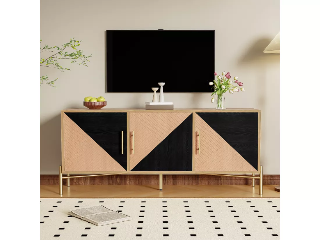 Meuble TV effet bois et noir dessin géométrique poignées et pieds dorés 123,5x35x58cm HILIS