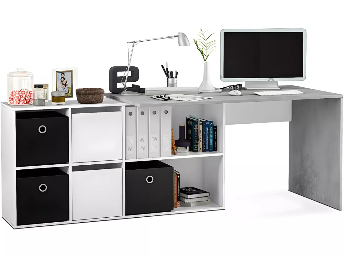 Bureau avec caisson coloris Blanc artic / béton- Hauteur 74 x Longueur 136 x 139 cm