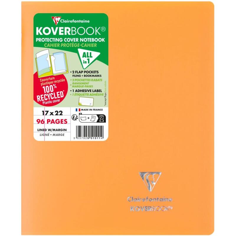 Cahier piqué Koverbook 17x22 cm 96 pages ligné + marge couverture polypropylène opaque 100% recyclé - Assortis