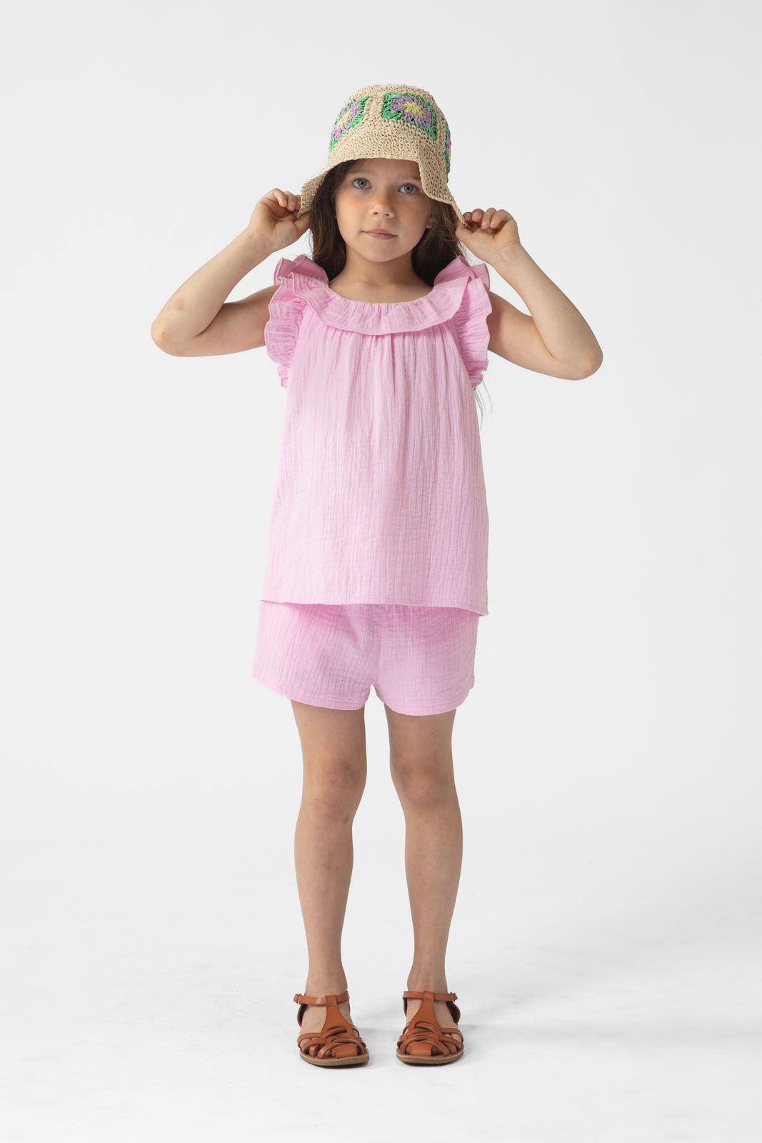 Lichtroze mousseline top met ruffles