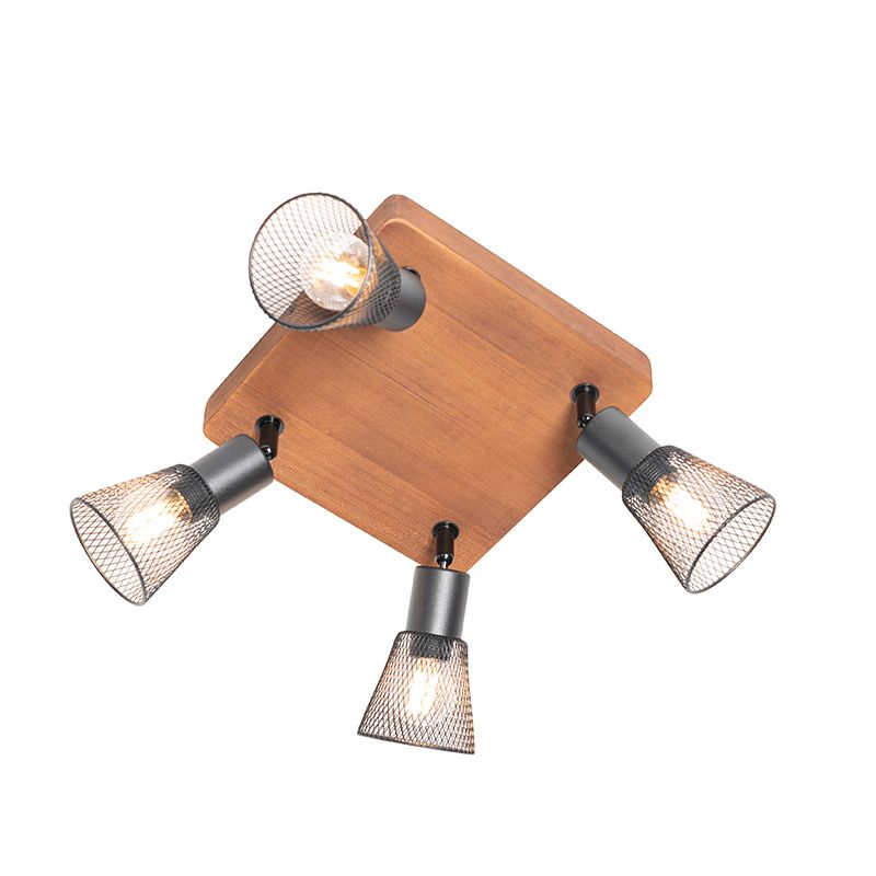 Industriële spot zwart met hout 4-lichts - Kristina