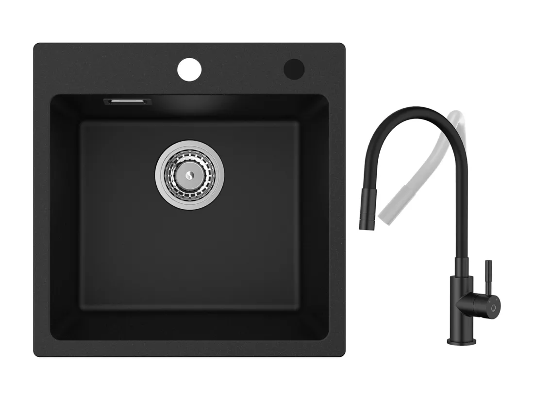 CECIPA MAX Evier Quartz Noir 45x45 cm Evier 1 Bac en Quartz et Résine + Flexible Mitigeur de Cuisine, 2 Types de Jets Robinet Extractible Noir