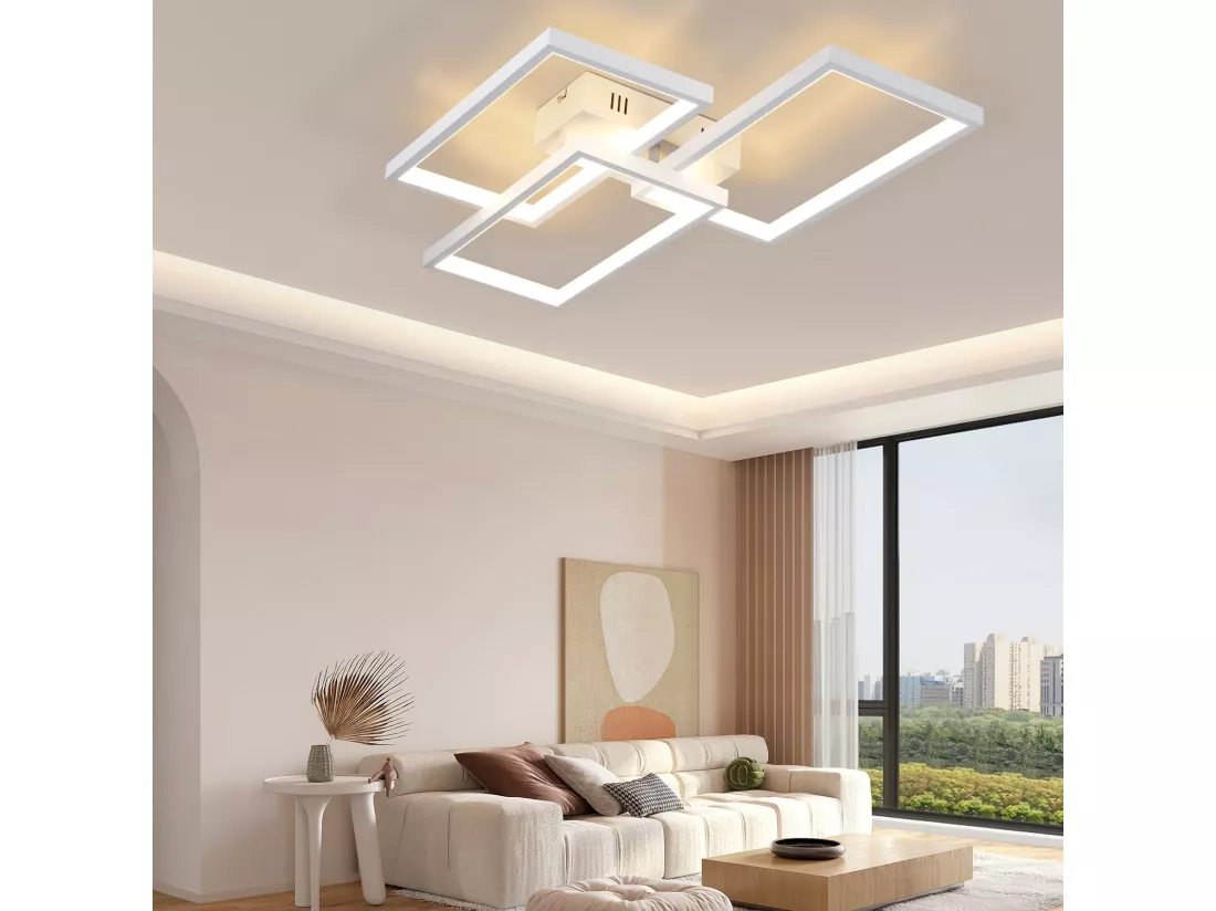 NETTLIFE Plafonnier LED en métal blanc 72W 80cm Lampe de salon moderne à intensité variable avec Design rectangulaire pour à coucher, chambres