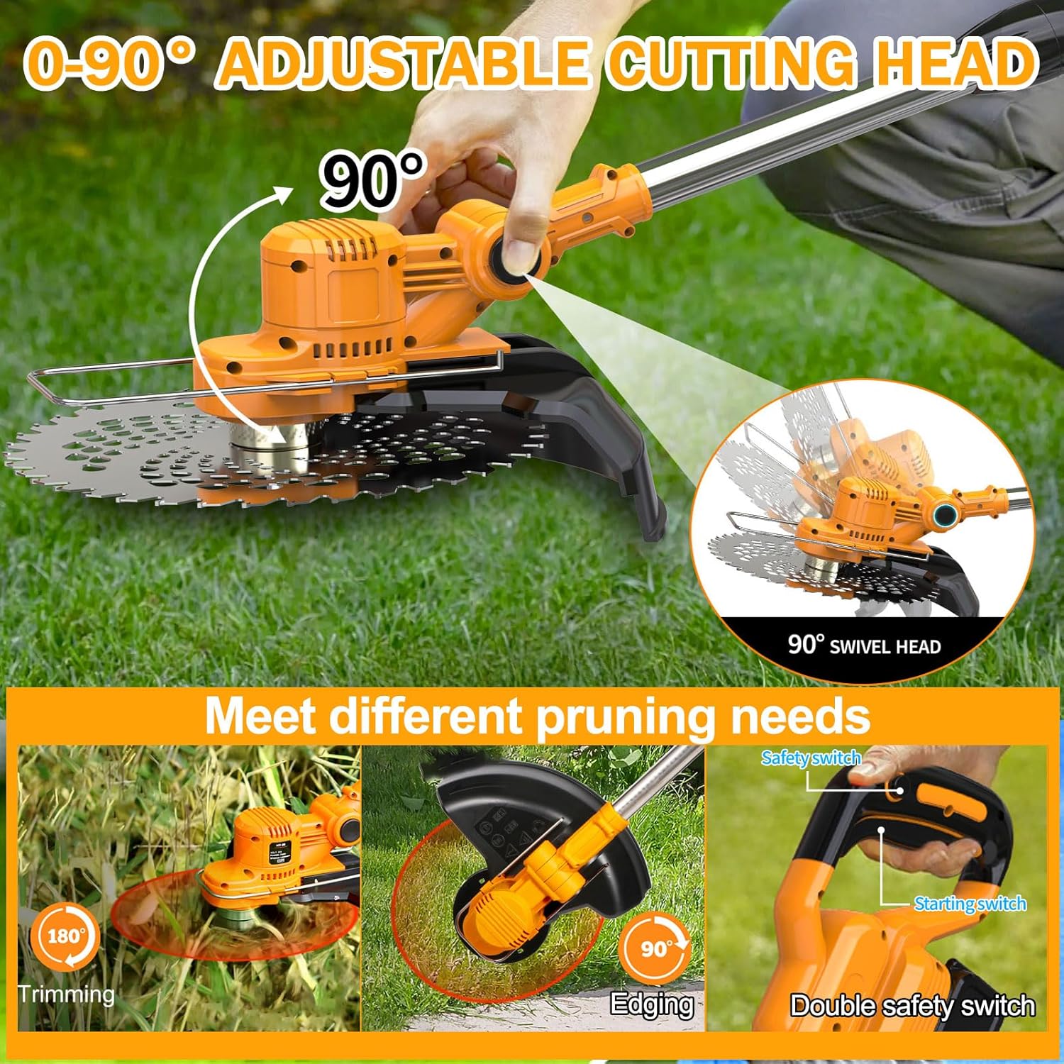 Rasentrimmer mit Akku 21V, Akku Rasentrimmer mit Unkrautbürste für Akkus mit 4 Klingentypen 750W Bürstenloser Freischneider Akku, Motorsense Akku mit 2X4.0Ah Akku & Ladegerät, Orange,b