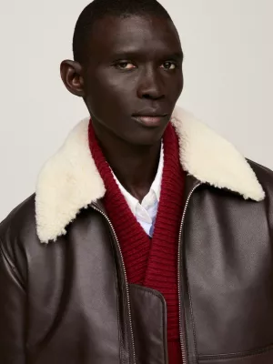 Jaqueta Bomber Crest de Couro com Gola a Penas e Corte Relaxado