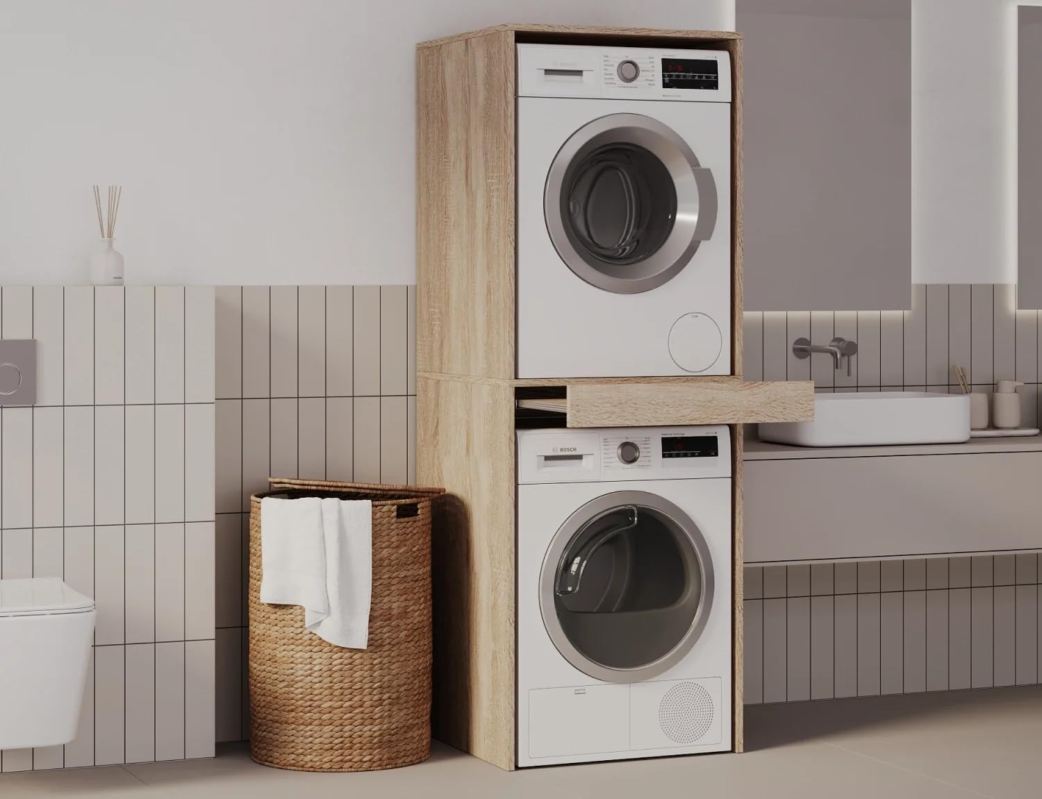 PLATAN ROOM Waschmaschine Trockner Schrank mit Ausziehbrett • Waschmaschinenschrank für Waschmaschine & Wäschetrockner • Überbauschrank 187 x 65 x 66 cm (Eiche Sonoma)