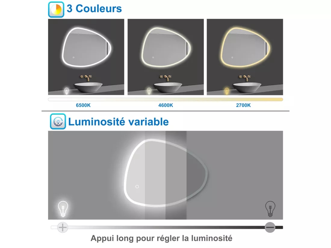 AICA LED Miroir lumineux 80 x 65cm avec anti-buée + 3 Couleurs + dimmable + mémoire, Miroir salle de bain