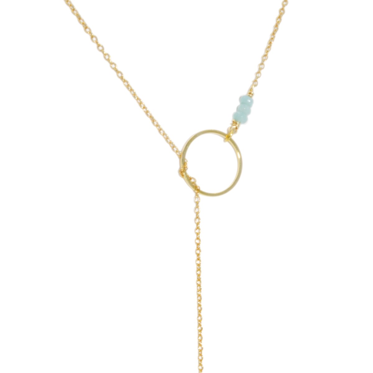 Sautoir cravate anneau - Perles d'aigue marine - Doré à l'or fin