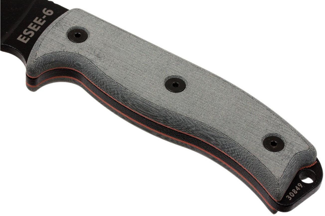 ESEE Model 6 black blade, grey handle 6P met bruine schede   riemclip