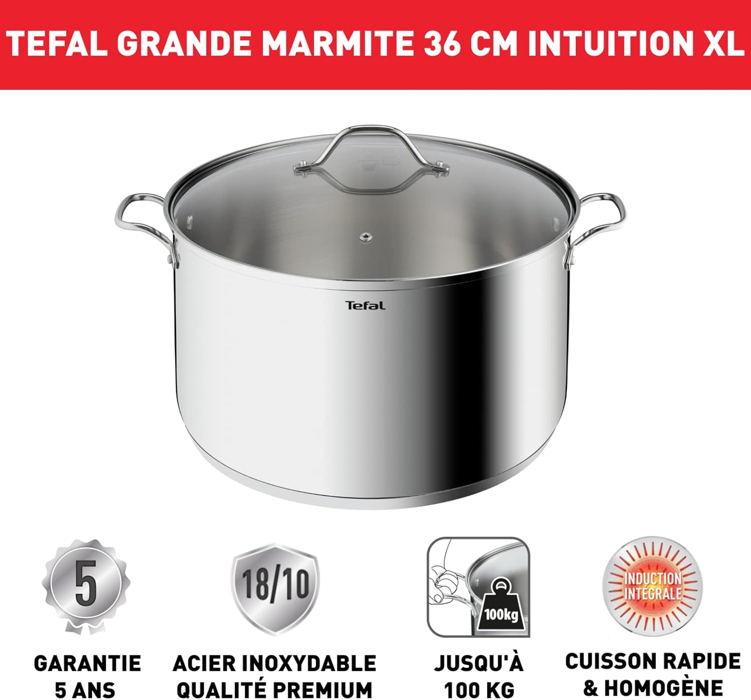 Tefal Intuition XL Kochtopf 36 cm / 17,5 l, Induktion, Edelstahl 18/10, 5 Jahre Garantie, robuste genietete Griffe, Glasdeckel B8647504