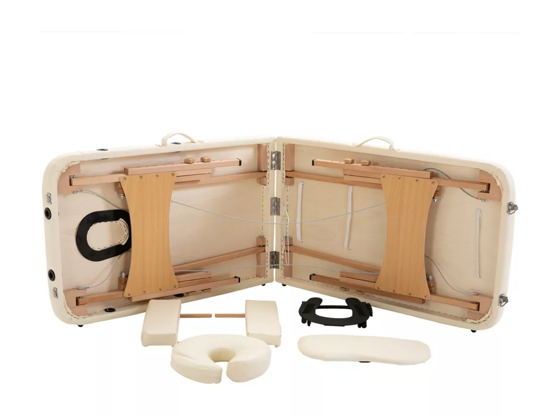 Table de massage pliante lit table de beauté 2 zones portable sac de tranport inclus hauteur réglable dim. 182L x 60l x 61-87H cm bois massif revêtement synthétique crème