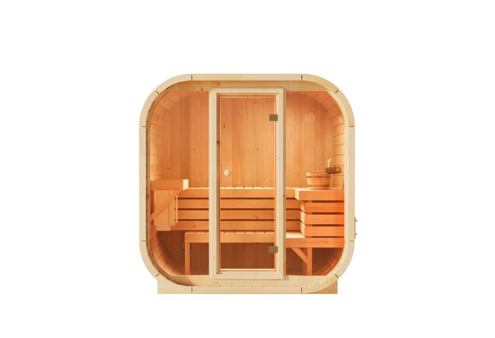 FinnTherm Ellipso M binnensauna, 1 houten bank, saunacabine met 42 mm wanddikte, stoomsauna met montagemateriaal, natuurlijke afwerking
