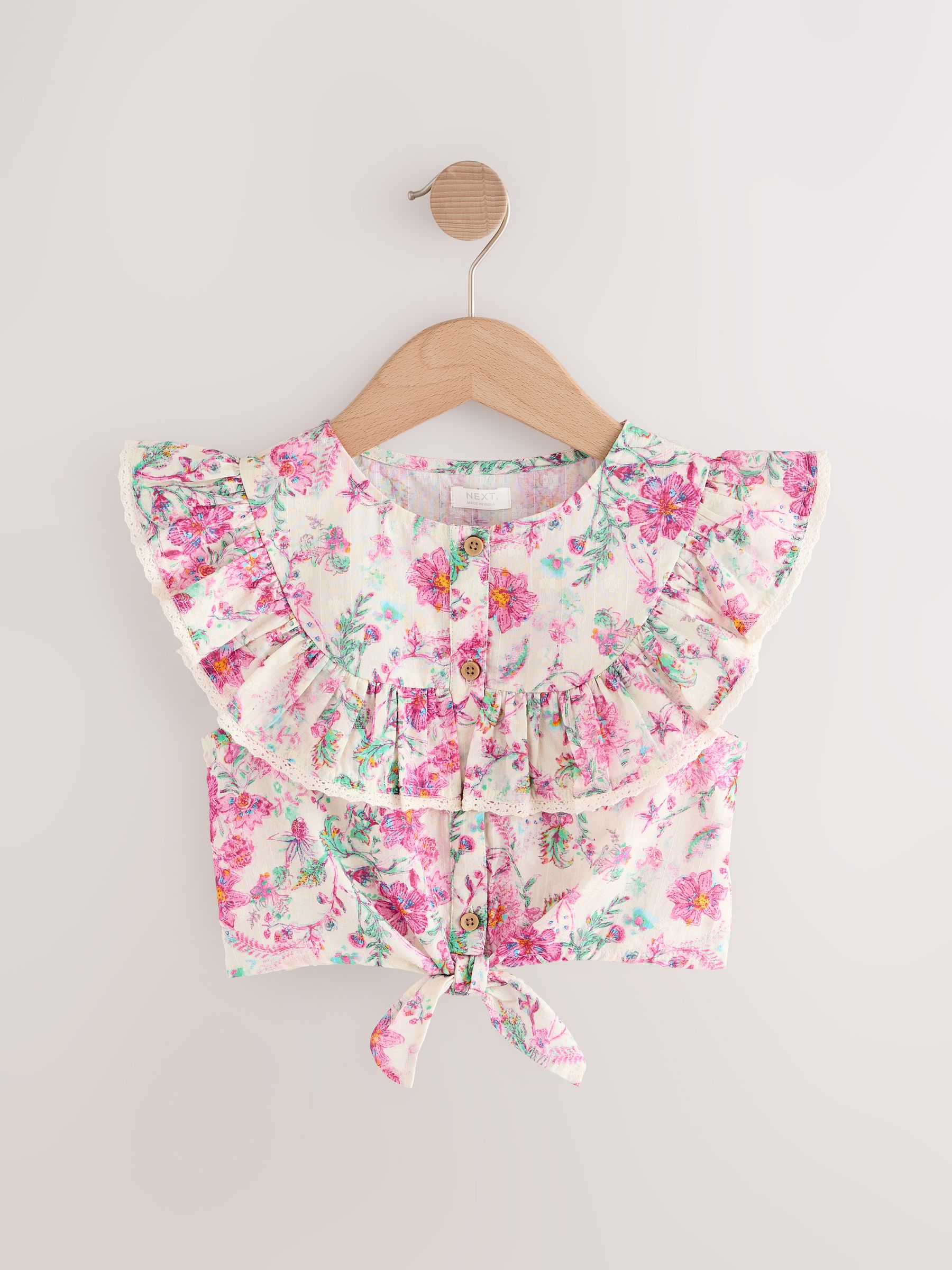 Roze bloemen - 100% katoenen blouse met strik aan de voorkant (3 - 16 jr)